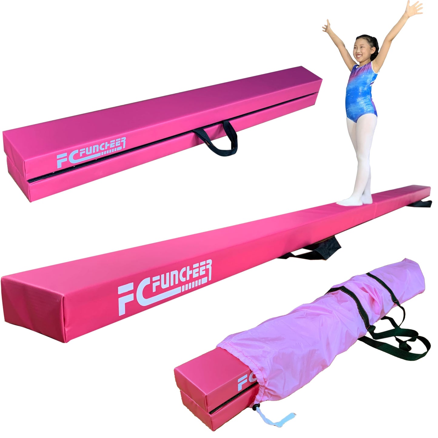 FC FUNCHEER 8FT Folding Balance Beam Gymnastics Beam Wood core Floor Beam with Anti-Slip Bottom Stainless Hinge and Carrying Bag … (Polyester, Light Pink)