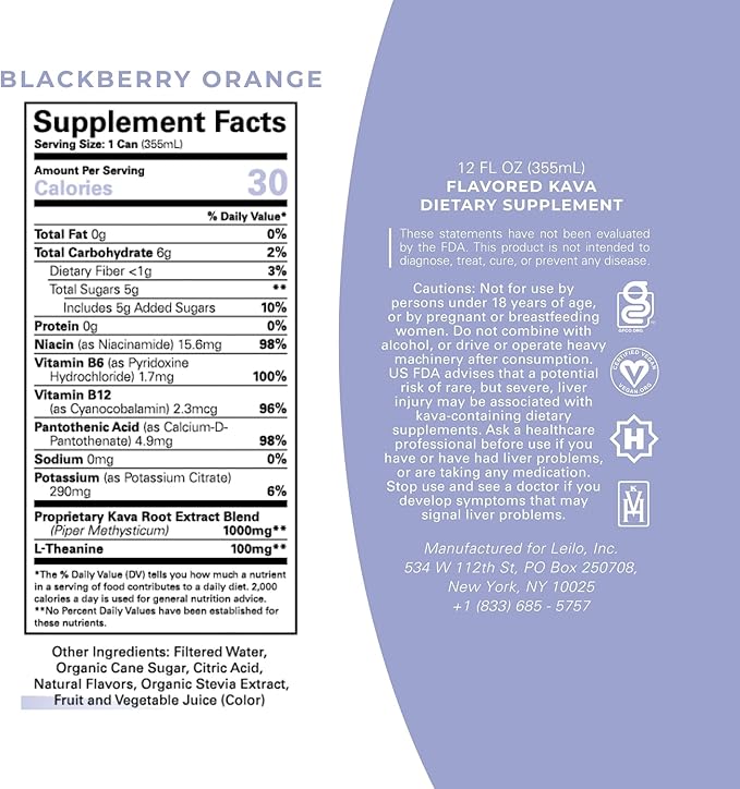 LEILO | Kava Powered Sparkling Relaxation Drink | BlackBerry Orange 12-Pack – Non-ALC Calming Beverage | 12 fl oz Cans (Pack of 12)