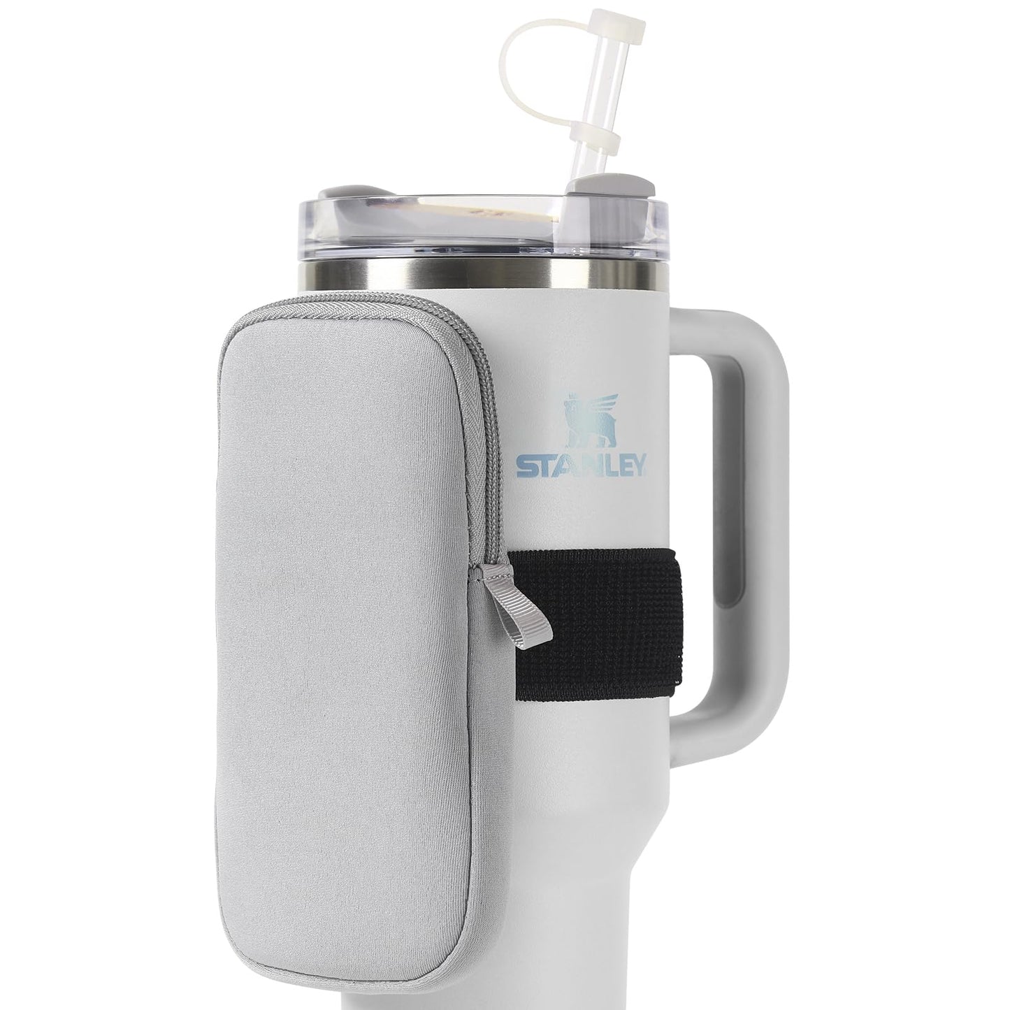 fruui Water Bottle Pouch For Stanley, Gym Tumbler Accessories for Women, Compatible With Stanley Quencher Adventure 40oz & IceFlow 20/30oz, Workout Outdoor Pocket Phone, Card, Keys, Cash (Grey)