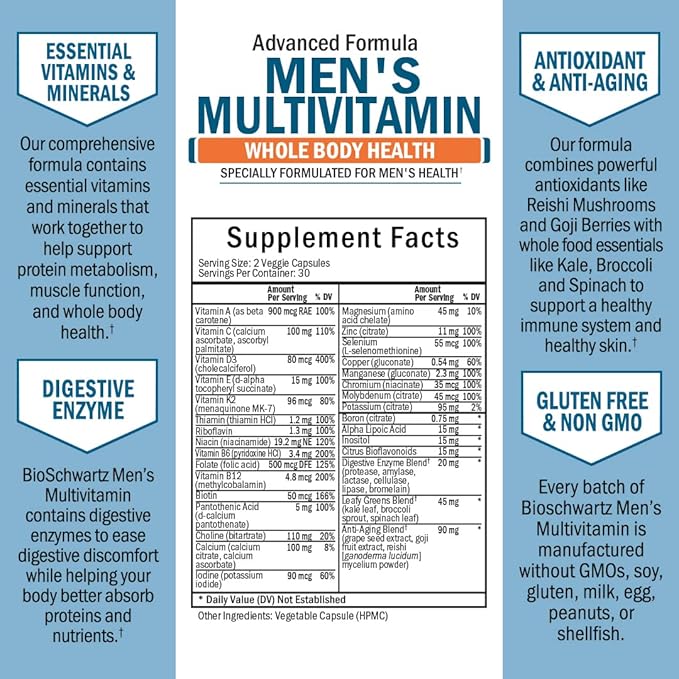 Advanced Daily Men's Multivitamin with Vitamin C A B D3 E and Zinc (1 Month Supply) Plus 65 Billion CFU Daily Probiotic Supplement (1 Month Supply)