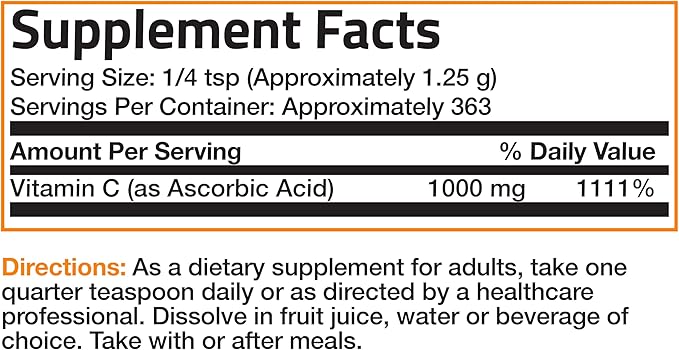 Vitamin C Powder Pure Ascorbic Acid Soluble Fine Non GMO Crystals – Promotes Healthy Immune System and Cell Protection – Powerful Antioxidant - 1 Pound (16 Ounces)