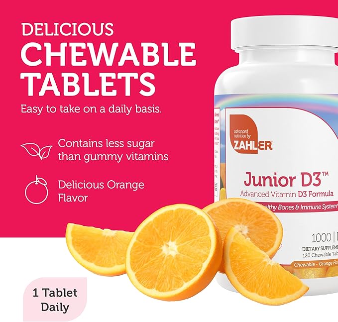 Zahler Junior D3 Vitamins 1000 IU - for Kids - Vitamin D for Kids to Support Bone, Teeth & Immune Health - Kosher Orange Flavor - 120 Count.