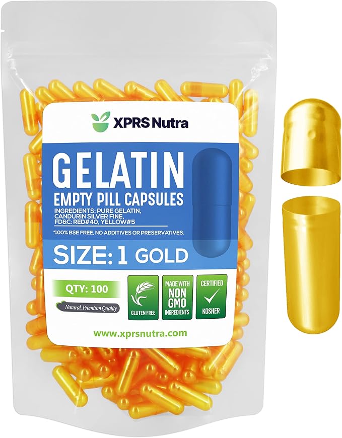 XPRS Nutra Size 1 Empty Capsules - 100 Count Empty Gelatin Capsules - Pill DIY Capsule Filling - Pure Bovine Pill Gel Caps for Do-It-Yourself Supplements (Gold)