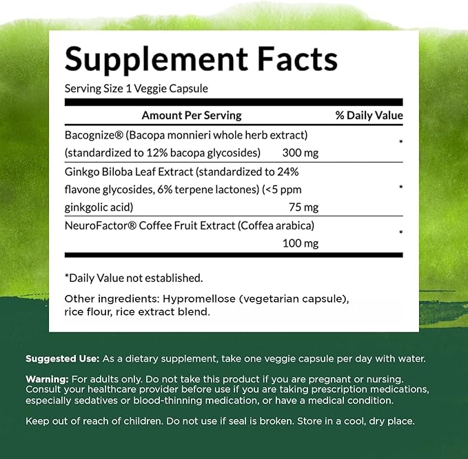 Swanson Pure Brainpower Brain Health Cognitive Memory Focus Support Brain-Derived Neurotrophic Factor (BDNF) Herbal Supplement (Ginkgo Biloba, Bacopa Monnieri) 60 Veggie Capsules (Veg Caps) Vegan