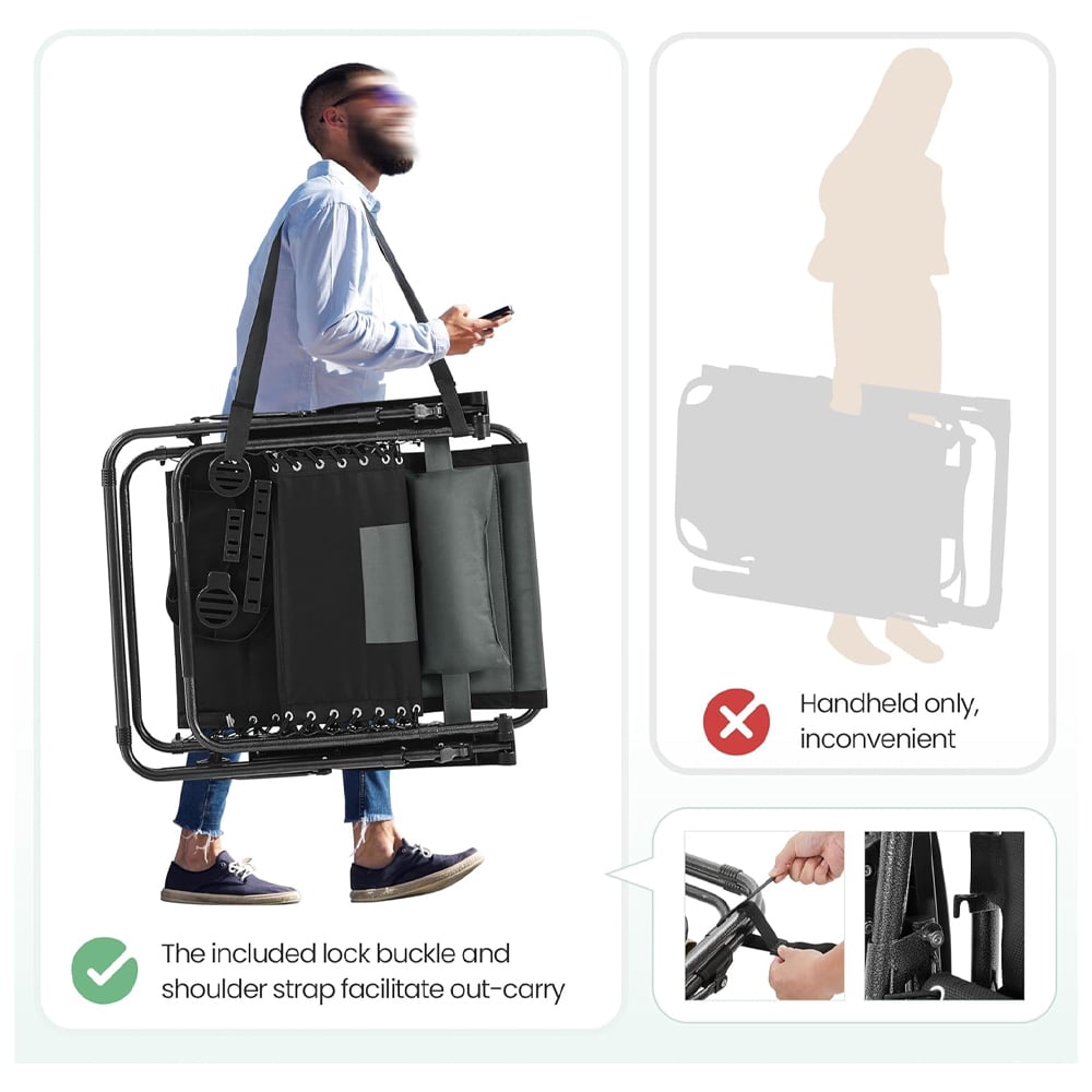 29in Full Padded Zero Gravity Chair Oversized Outdoor Patio Folding Lounger, Adjustable Portable Zero Gravity Recliner with Side Cup Tray, Pillow with Carry Strap for Beach, Pool, Gray/Black