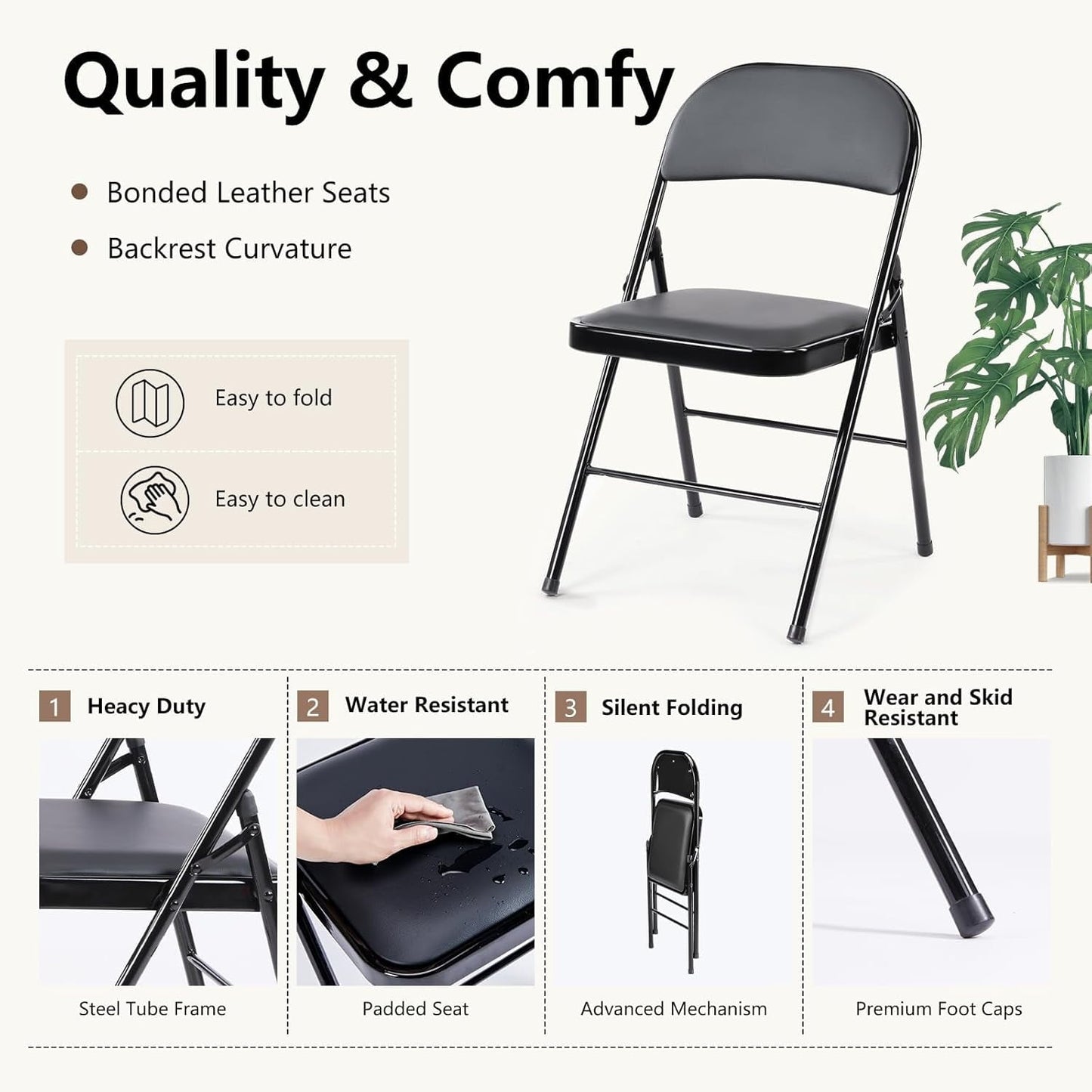2-Pack Folding Chairs with Padded PU Leather Seat and Metal Frame, Indoor/Outdoor Use, Black