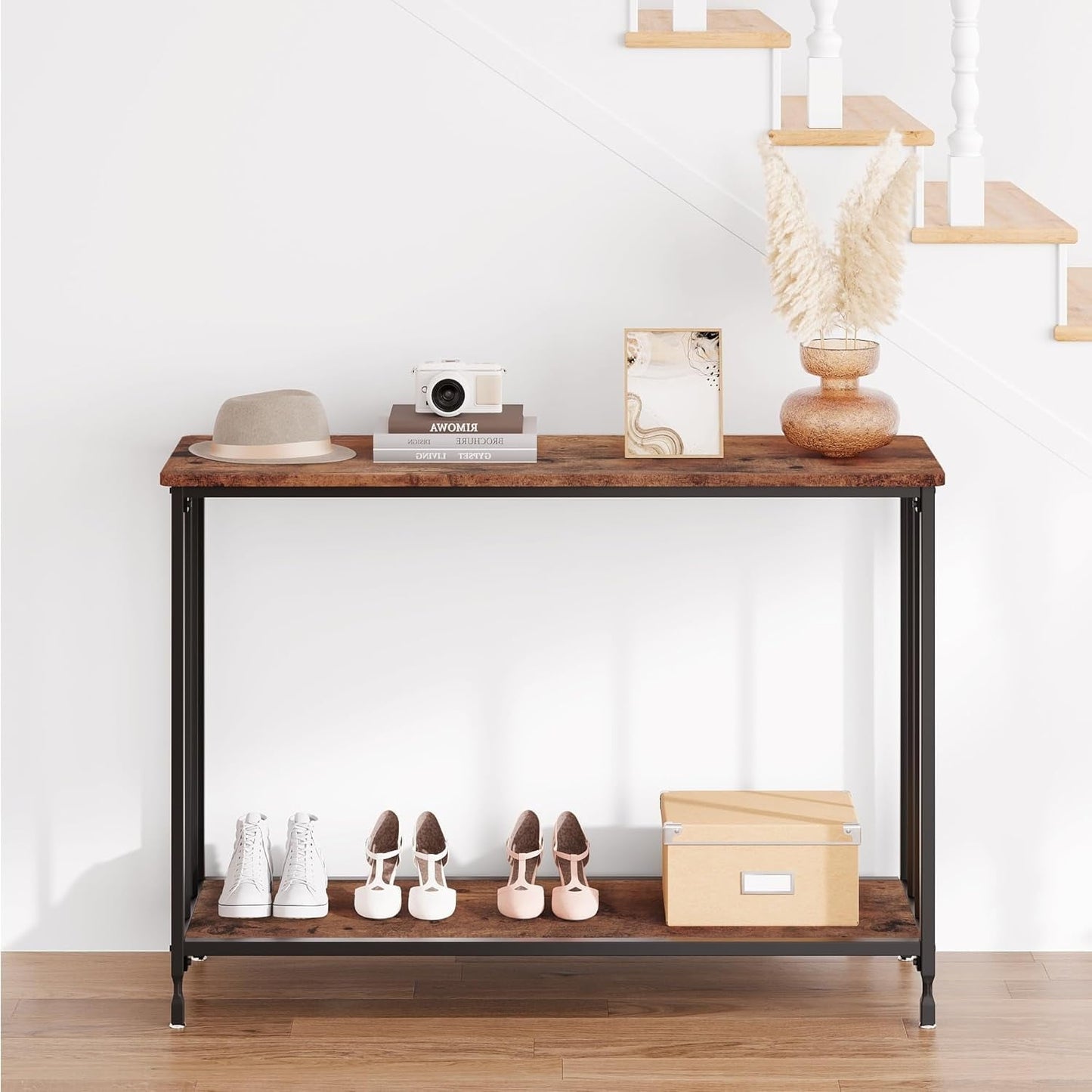 41.3" Entryway Table, Narrow Sofa Table with 2-Tier Storage Shelves & Black Metal Frame, Display Stand and Organizer for Living Room Entryway Office Hallway Bedroom, Retro Color