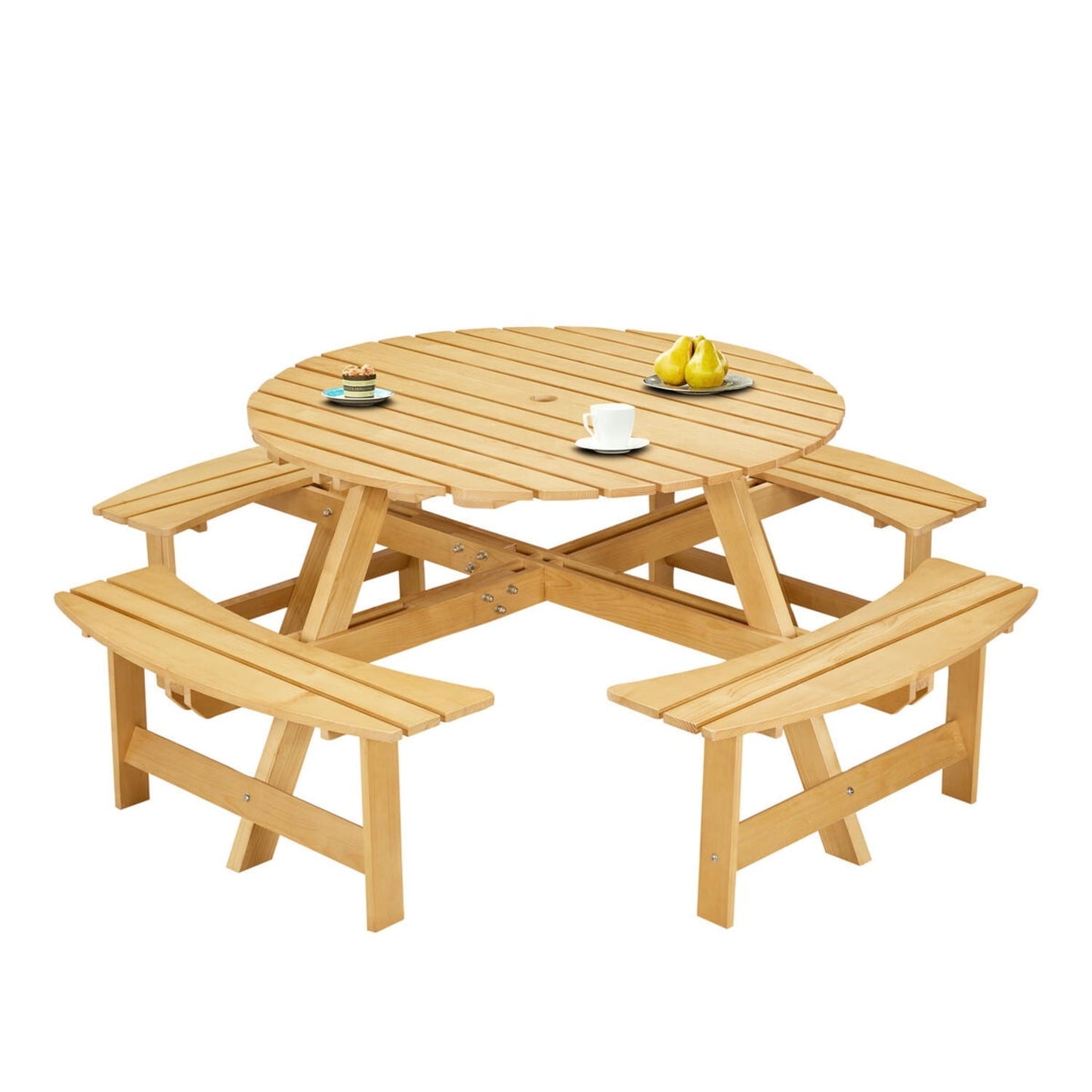 8-person Round Outdoor Picnic Table With 4 Benches & Umbrella Hole, Natural Pine