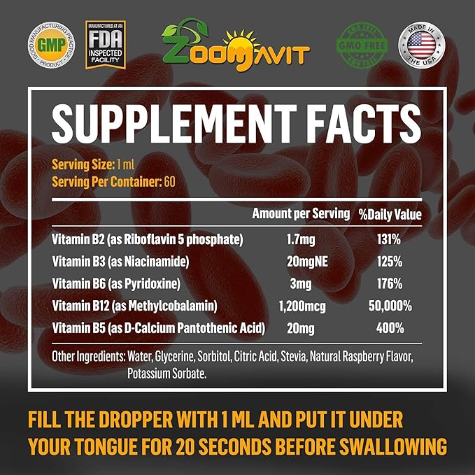 Vitamin B Complex Liquid Drops with Fast Absorption - Super B Liquid Complex Vitamins B2, B3, B5, B6 & B12 - Natural Energy Boost, Mental Focus & Healthy Immune System