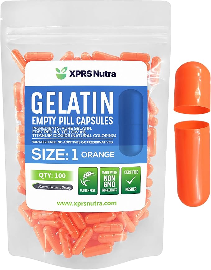 XPRS Nutra Size 1 Empty Capsules - 100 Count Empty Gelatin Capsules - Pill DIY Capsule Filling - Pure Bovine Pill Gel Caps for Do-It-Yourself Supplements (Orange)
