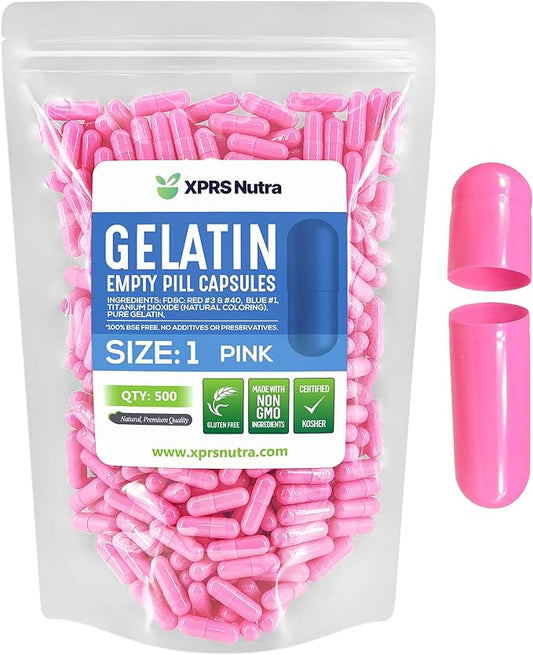 XPRS Nutra Size 1 Empty Capsules - 500 Count Empty Gelatin Capsules - Pill DIY Capsule Filling - Pure Bovine Pill Gel Caps for Do-It-Yourself Supplements (Pink)
