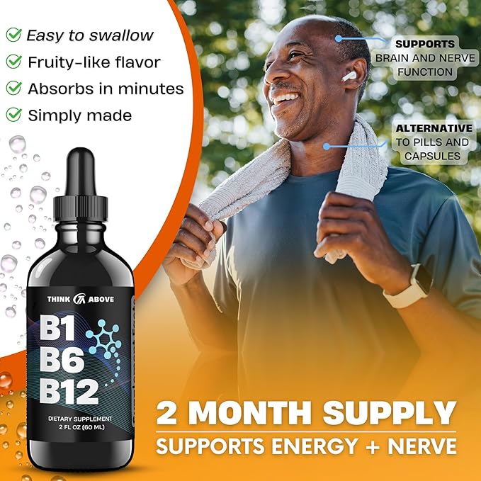B1 B6 B12 Vitamin Liquid Drops - Nerve, Energy, Brain Support Supplement - Fruity-Like Flavor - Methylcobalamin, Thiamine, Pyridoxine - 60 Day Supply - 2 oz - for Men and Women - Simply Made