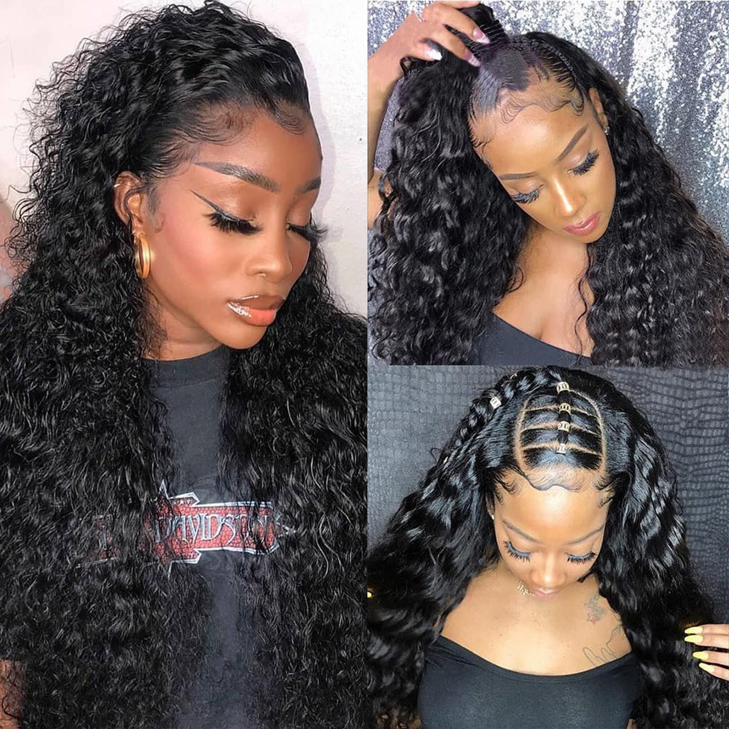 Ainimiu Curly Wave 13x4 Lace Frontal Human Hair Pre Plucked 100% unprocessed Brazilian Virgin Hair Transparent Ear To Ear Lace Frontal Closure With Baby Hair Natural Black 18inch