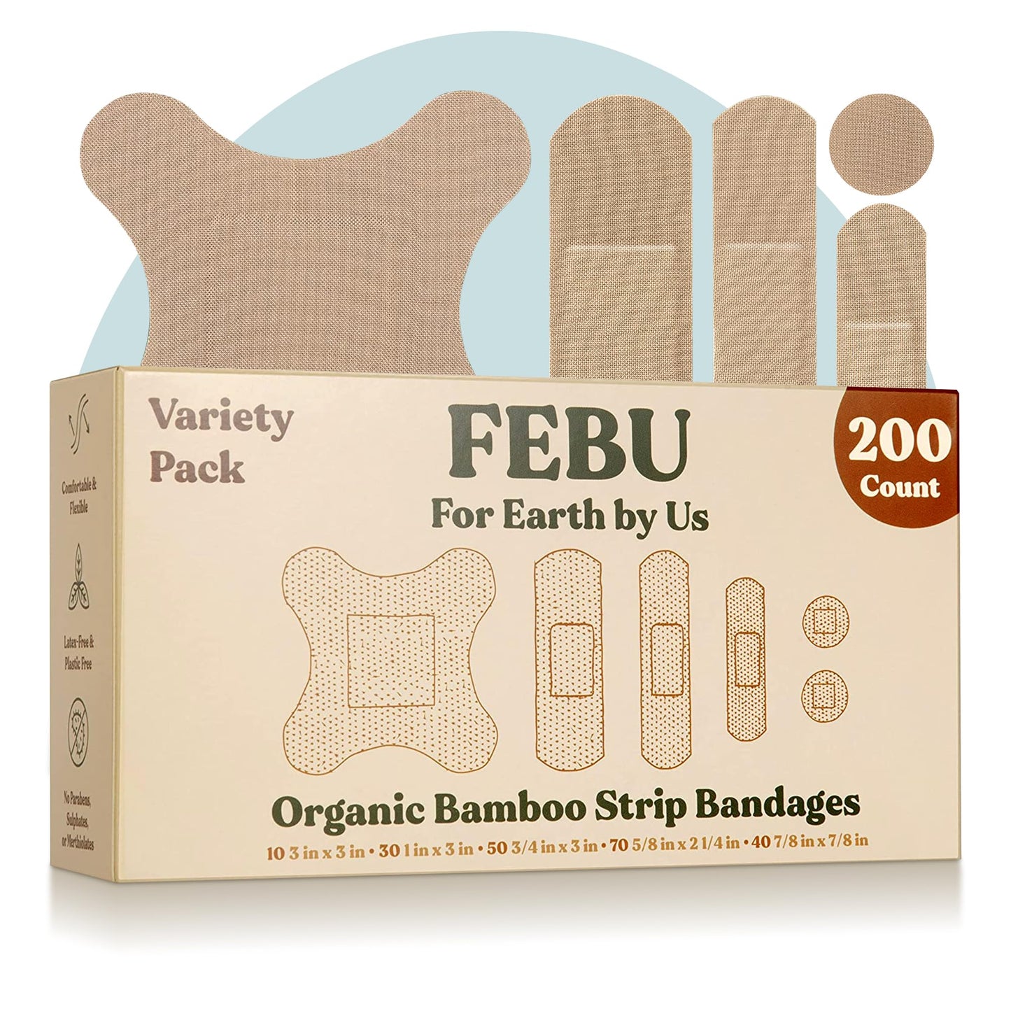 FEBU Eco-Friendly Organic Bamboo Fabric Bandages for Sensitive Skin | PFAS Free Bandages for Scrapes & Cuts | Flexible Latex Free Bandages | Compostable | 200 Count Bulk Variety Pack