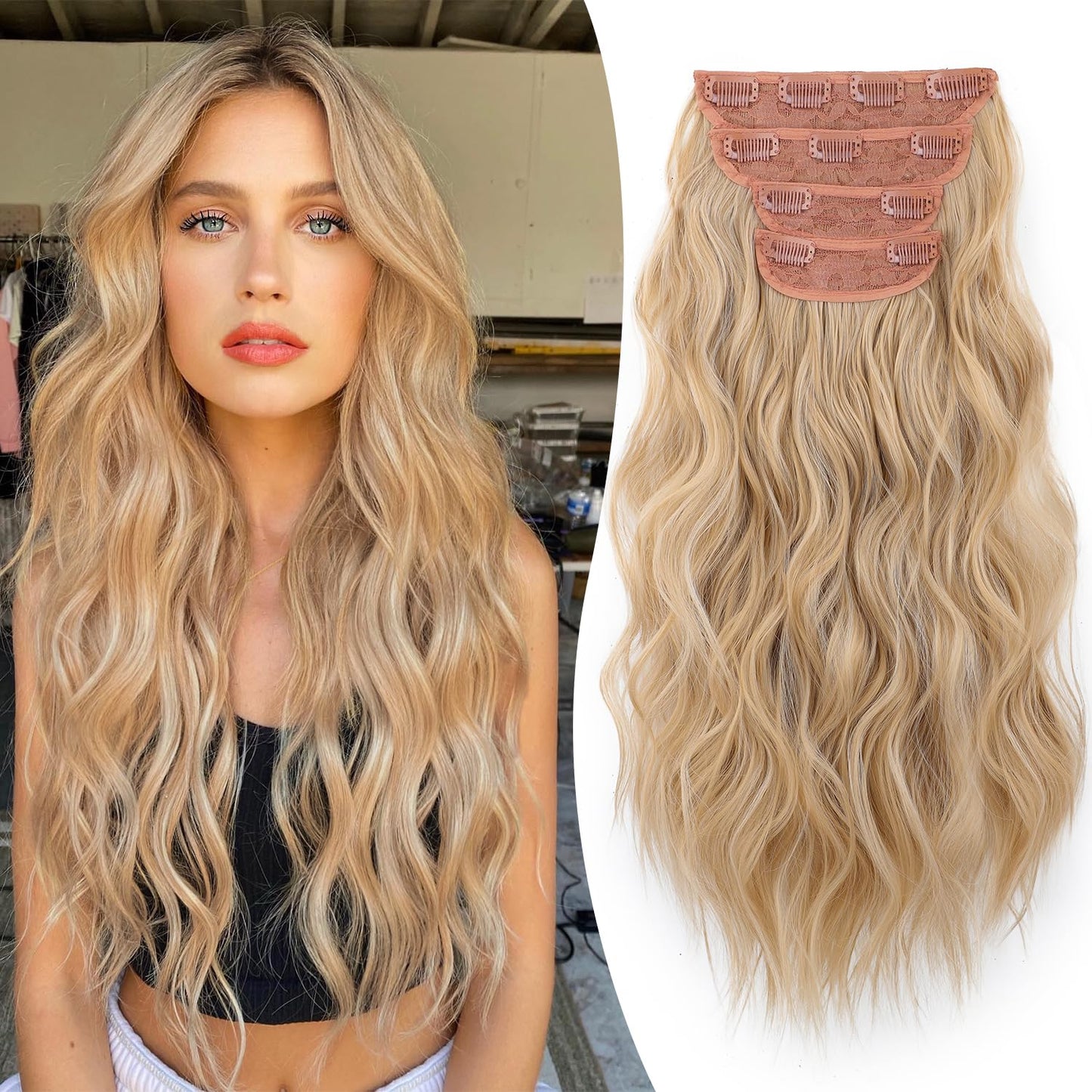FREEMEIGE Clip in Hair Extensions for Women,Blonde Extensions Clip in Synthetic Hair Extensions Long Wavy 4PCS Thick Hairpieces Fiber Double Weft Natural Hair Extensions 20 Inch for Women