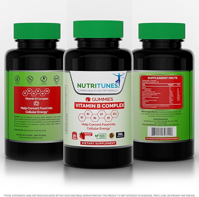 Vitamin B Complex Gummies (90 Count) - Vitamin Supplement for Energy Metabolism & Brain Health Support - Non-GMO & Allergen-Free - Strawberry Flavor - 90 Day Supply