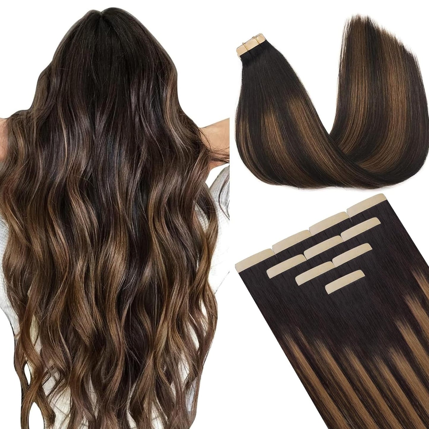 DOORES Hair Extensions Real Human Hair, Dark Brown to Chestnut Brown 10 Inch 20g 10pcs, Tape in Hair Extensions Remy Straight Hair Real Natural Hair for Women