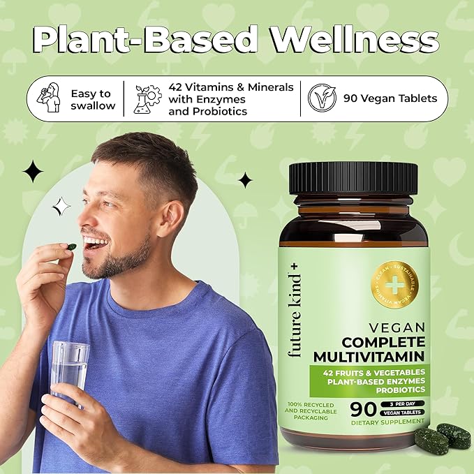 Future Kind Vegan Multivitamins Complete - 42-in-1 Vegan Multivitamins for Women & Men with Enzymes, B12, Zinc, & Probiotics for Digestion (90 tabs in Recycled Bottle)