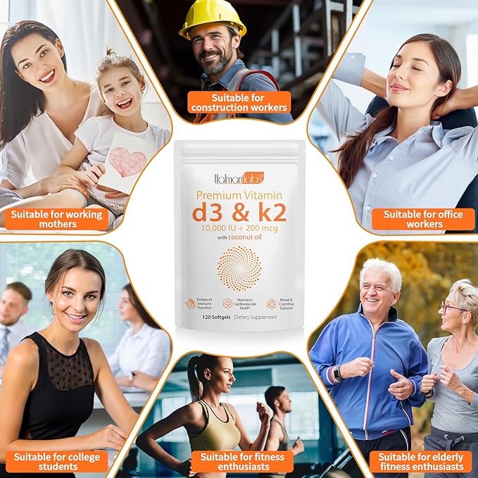 Vitamin D3 K2 Supplement Softgel, Vitamin D3 K2 Softgel with 10000 IU Supports Immune, Heart, Teeth & Bone Health, Free of GMO, Gluten, Soy