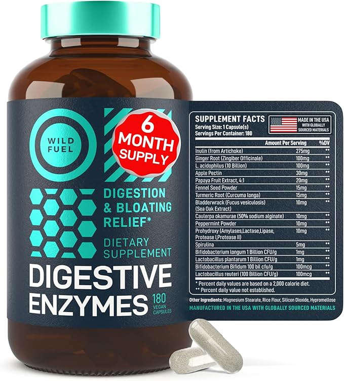 Digestive Enzymes with Probiotics and Prebiotics - Gut Health & Digestion Supplement with Artichoke Ginger Turmeric – Vegan Enzyme Complex for Digestive Health and Bloating Support - 180 Caps