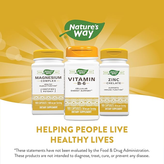 Nature's Way Vitamin B-6 Supplement, Cellular Energy Support*, 50mg per Serving, 100 Capsules (Pack of 2)