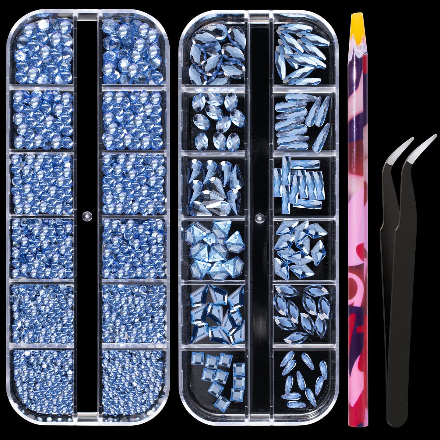 Multi Shapes Light Blue 3D Glass Crystal Nail Art Rhinestones Kit With Flatback Round Bead Charm Gem Stone Jewelry Diamond With