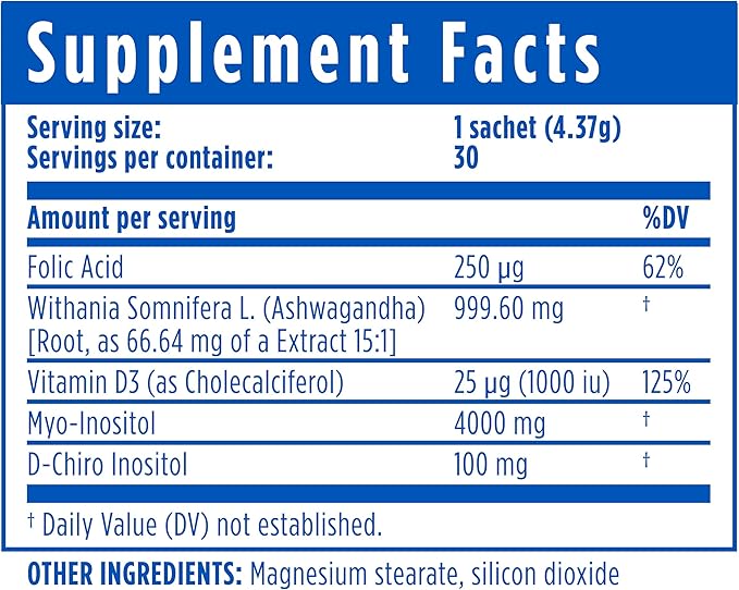 Ovarigen Plus, Myo & D-Chiro Inositol Blend Powder – 40:1 Blend with Folic Acid, Ashwagandha, and Vitamin D3 - Help Manage PCOS Symptom, Hormone Balance, and Natural Fertility Aid, 30 Sachets
