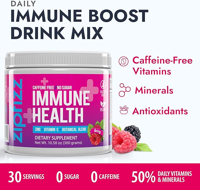 Zipfizz Daily Immune Health Powder Supplement, Berry, 10.5 oz (30 Servings) | Contains Zinc & Vitamin C | Caffeine & Sugar-Free | Immune Booster For Kids & Adults