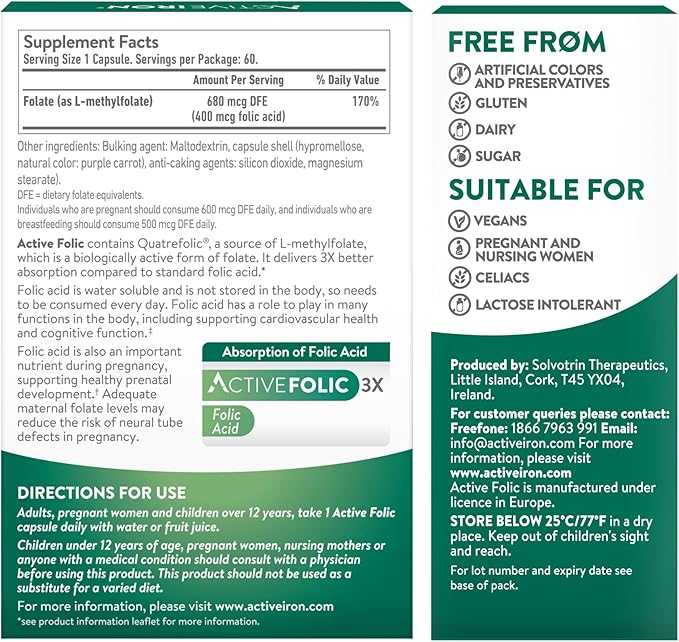Active Folic, Folic Acid Supplement for Pregnancy, 60 Capsules, Fights Tiredness & Fatigue, 3X Better Absorption of L-Methylfolate, Vegan, Gluten Free & Sugar-Free, 2 Month Supply