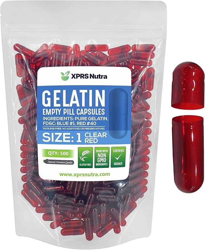 XPRS Nutra Size 1 Empty Capsules - 500 Count Colored Empty Gelatin Capsules - Pill DIY Supplement Capsule Filling - Fillable Color Gel Caps Pills for Do-It-Yourself Supplements (Clear Red)