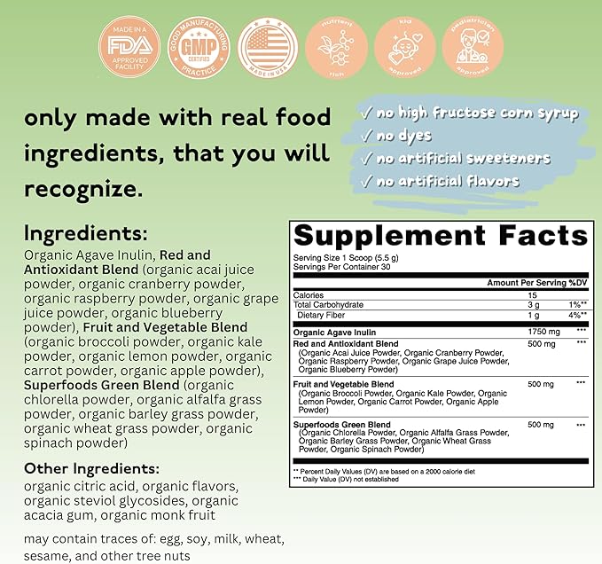 Young + Healthy Fit Kids Greens Powder, 30 Servings, Lion Lemonade, Superfood Drink Mix With Fiber for Digestive Health, Organic Fruits & Vegetables, Antioxidants, Real Food Ingredients, Ages 2+