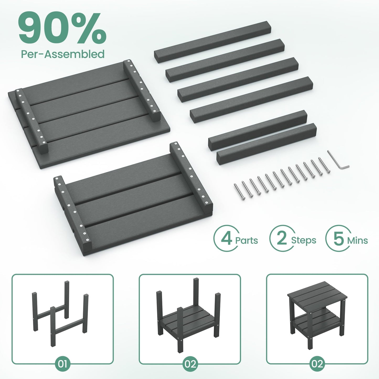 KINGYES 2-Tier Outdoor Side Table, HDPE All Weather Adirondack Small Patio Tables, For Garden Balcony Pool Indoor, Gray