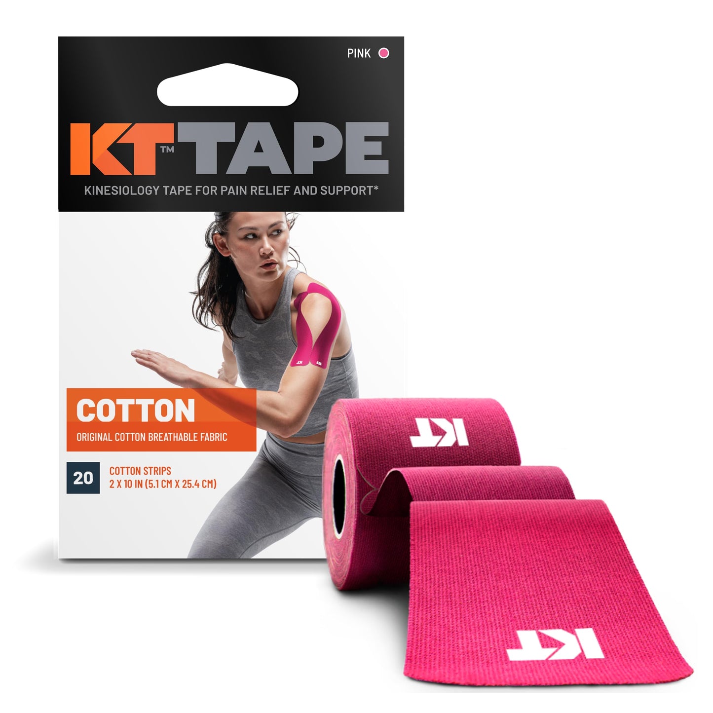 KT Tape, Original Cotton, Elastic Kinesiology Athletic Tape, 20 Count, 10” Precut Strips, Pink