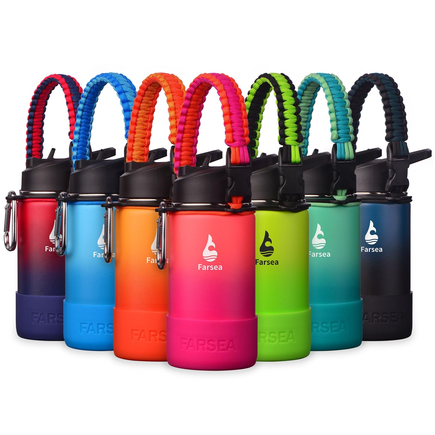 Farsea Insulated Water Bottle With Paracord Handle, Protective Silicone Boot and 2 Lids (Straw Lid & Spout Lid), Stainless Steel Water Bottle Wide Mouth, Double Wall Sweat-Proof BPA-Free,12 oz