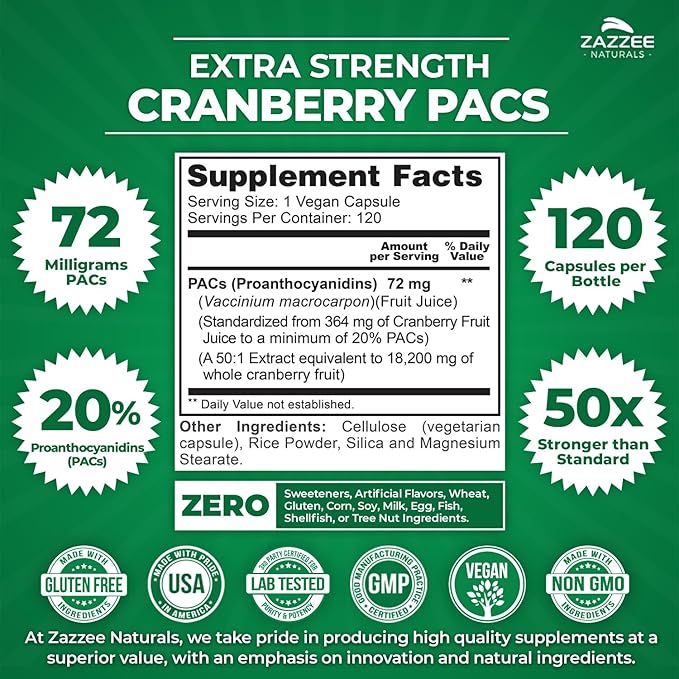 Zazzee Cranberry PACs, 72 mg PACs per Capsule, 2X Strength, 100% Soluble, 120 Vegan Capsules, 50:1 Extract, 18,200 mg Strength, Fast-Acting, Effective Urinary Tract UTI Support, Made in The USA