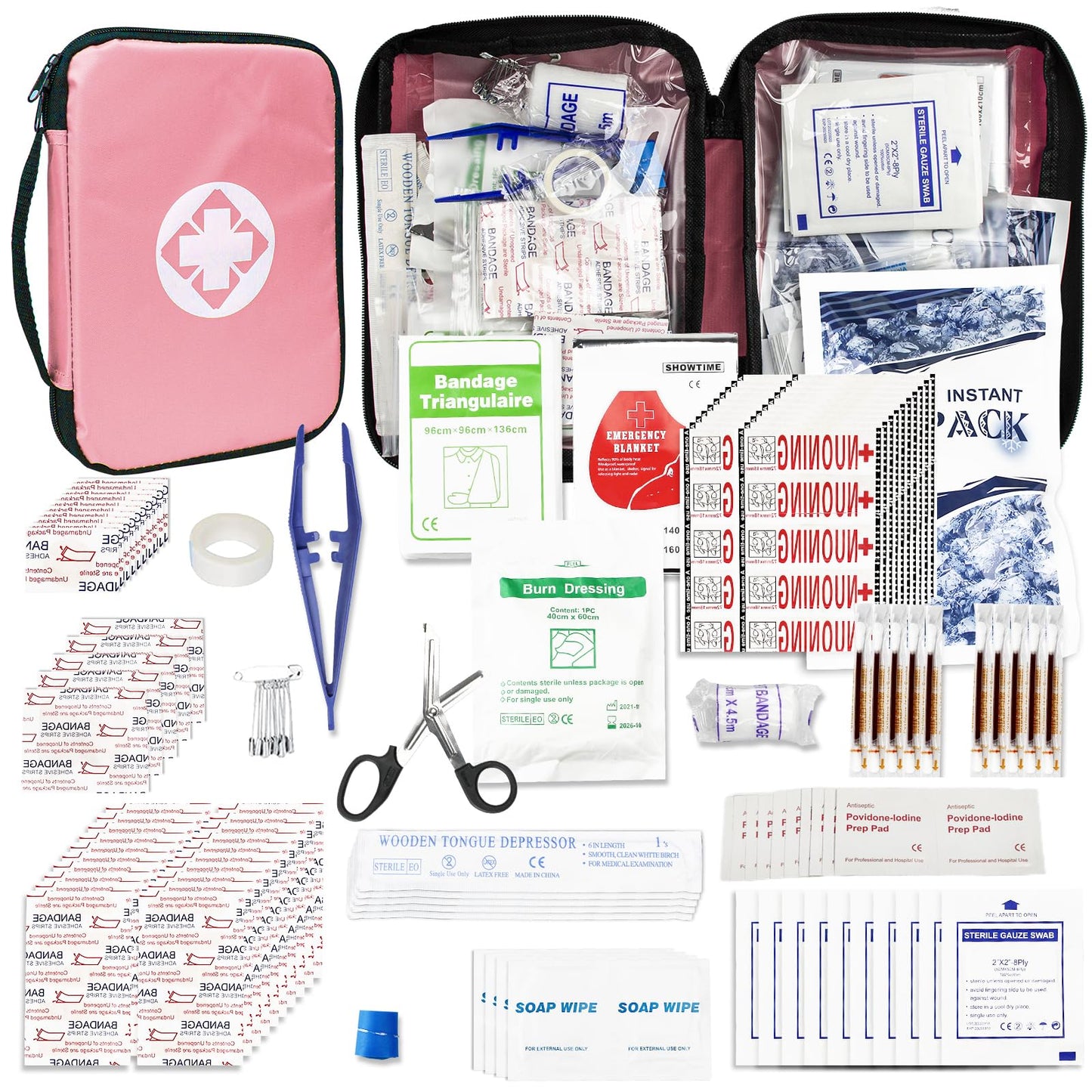 First-Aid Kit-Car Household-Essentials Emergency-Sets - 300 Pcs First Aid Kits Travel Survival Supplies Emergencies Kit for Outdoor Sport Vehicles Pink 1st Aid