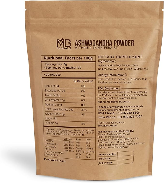 MB Herbals Pure Ashwagandha Powder 100 Gram (3.5 oz) | Lab Tested | Indian Ginseng | Withania somnifera Root Powder | No Preservatives