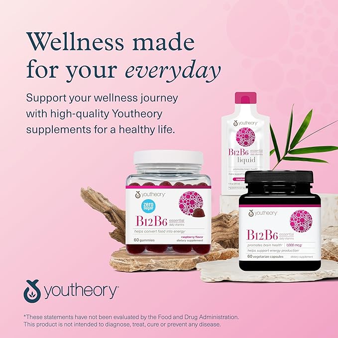 Youtheory B12B6 - Vegan Vitamin B6 & Vitamin B12 - Offers Brain Health, Energy & Immunity Support* - Dairy, Soy & Gluten Free - 60 Vegetarian Capsules