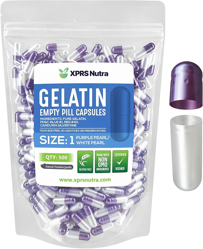 XPRS Nutra Size 1 Empty Capsules - 500 Count Empty Gelatin Capsules - Pill DIY Capsule Filling - Pure Bovine Pill Gel Caps for Do-It-Yourself Supplements (Pearl Purple/White)