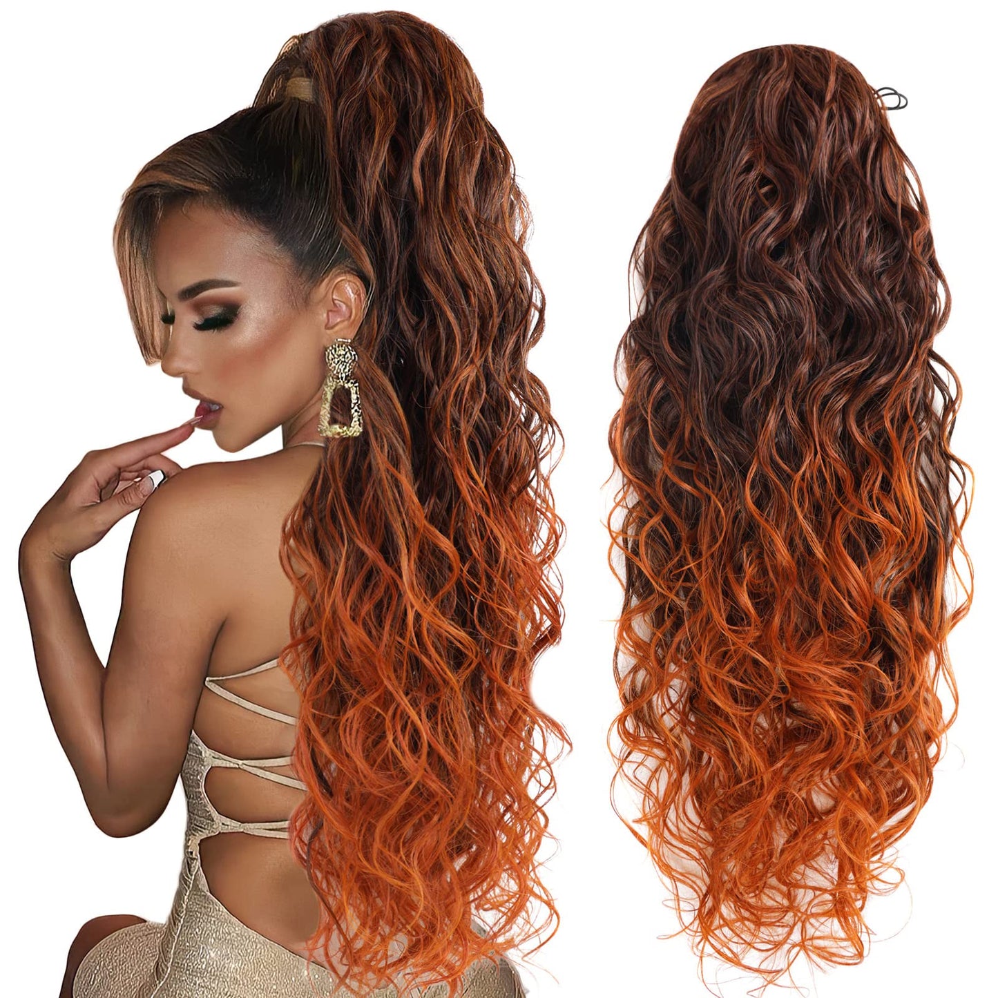 Copper Ginger 350 Ombre Ponytail Extensions - Long Curly Wavy Thick Hair Extainson Ponytail Wavy Clip in Ponytail Extensions Blonde Drawstring Ponytail for Black Women #1B/350 6 OZ