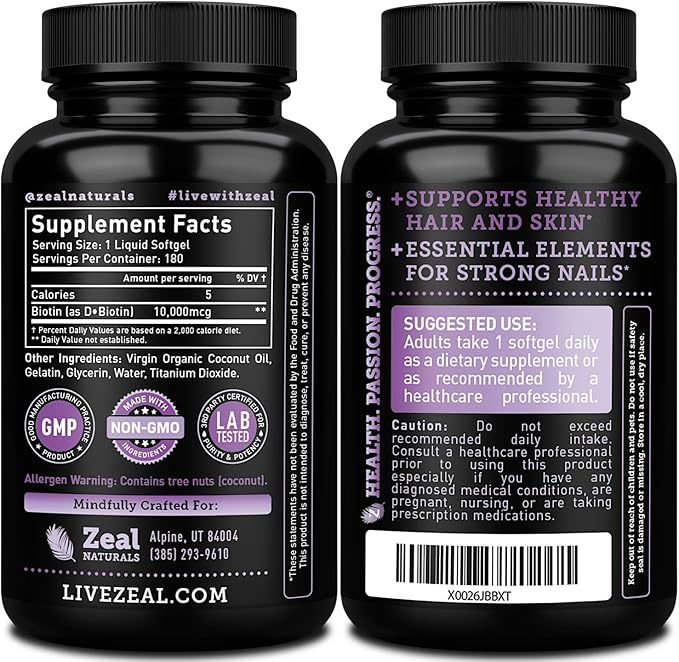 Zeal Naturals Biotin with Coconut Oil for Hair 10000mcg (180 Softgels) Biotin Supplement - Biotin Pills for Hair Skin and Nails Vitamins for Women Biotin Capsules for Men Hair Growth 6 mo Supply