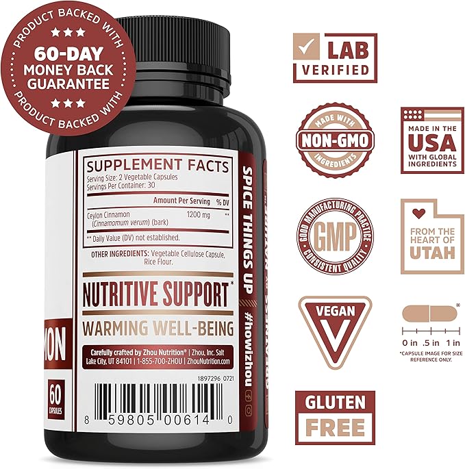 Zhou Ceylon Cinnamon | Supports Heart Health and Joint Mobility | True Cinnamon Native to Sri Lanka | 30 Servings, 60 CT