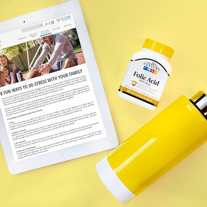 21st Century 800 mcg Folic Acid Tablets, Assorted, 180 Count (Pack of 2)