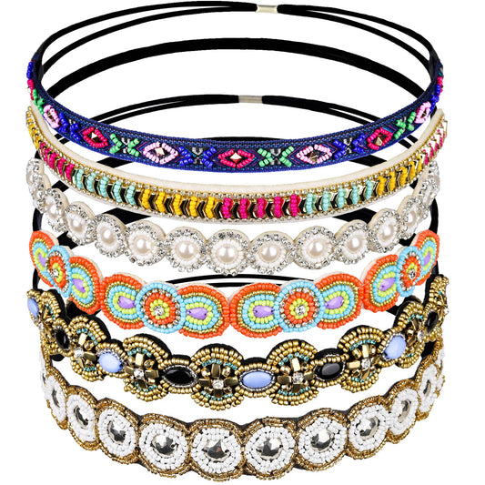 Teenitor 6 Pieces Elastic Rhinestone Beaded Women Headbands, Handmade Vintage Jewelry Hair Bands For Girl Hair Accessories 20-26