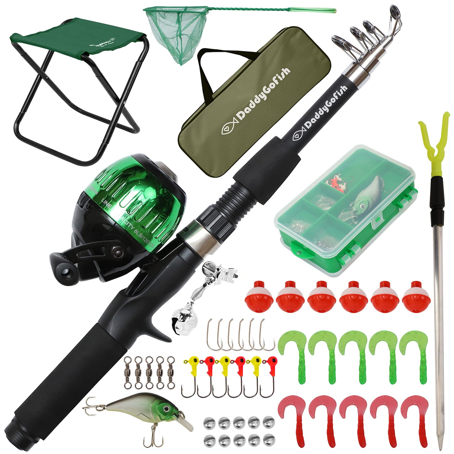 DaddyGoFish Kids Fishing Pole - Rod Reel Combo Tackle Box Starter Set - First Year Small Dock Gear Kit for Boys Girls Toddler Youth Age Beginner Little Children Junior Anglers (Older Kids(Green), 5ft)