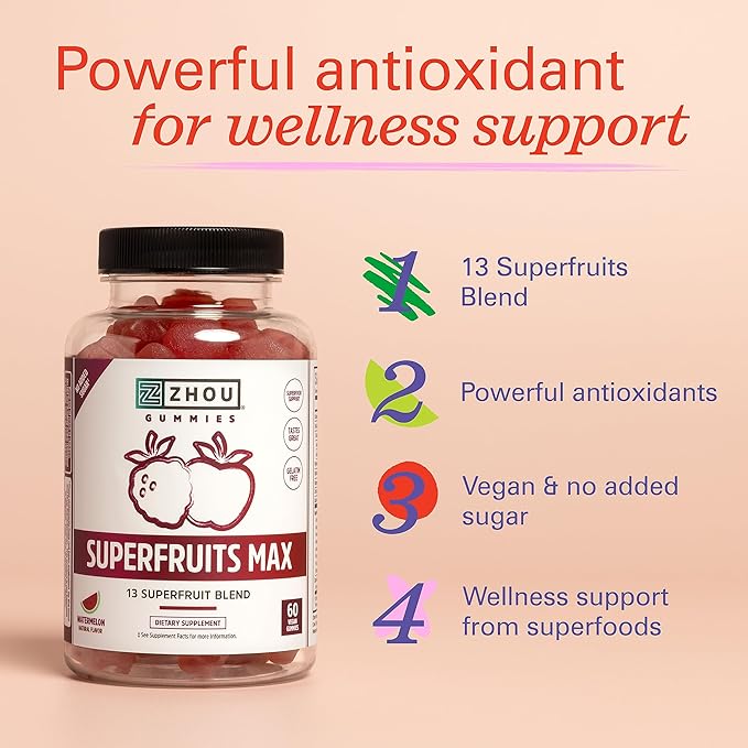 Zhou Nutrition Superfruit Multivitamin Gummies, 13 Natural Superfruits, Rich in Vitamin A, C, E, Zinc Gummies, Superfood Supplement, Immunity, Digestion & Energy, No Added Sugar, 60 Vegan Gummies