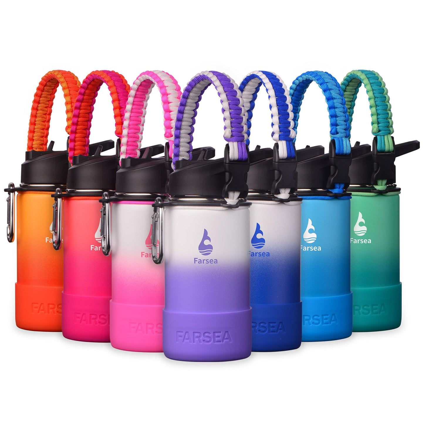 Farsea Insulated Water Bottle With Paracord Handle, Protective Silicone Boot and 2 Lids (Straw Lid & Spout Lid), Stainless Steel Water Bottle Wide Mouth, Double Wall Sweat-Proof BPA-Free,12 oz