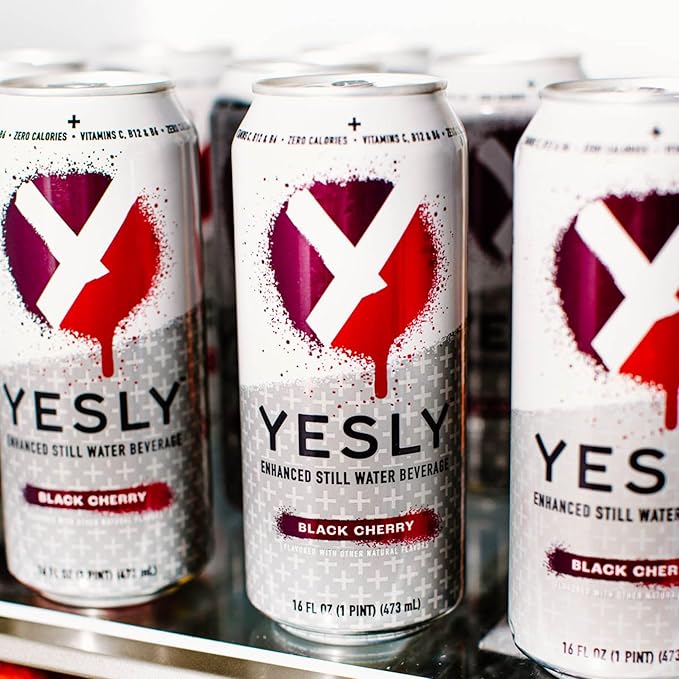 Yesly Functional Water, Black Cherry, Naturally Flavored Still Water with Electrolytes, Magnesium, Potassium, Vitamin C, B6 & B12, Zero Sugar, No Artificial Sweeteners, 16 Fl Oz Cans, 12 Pack