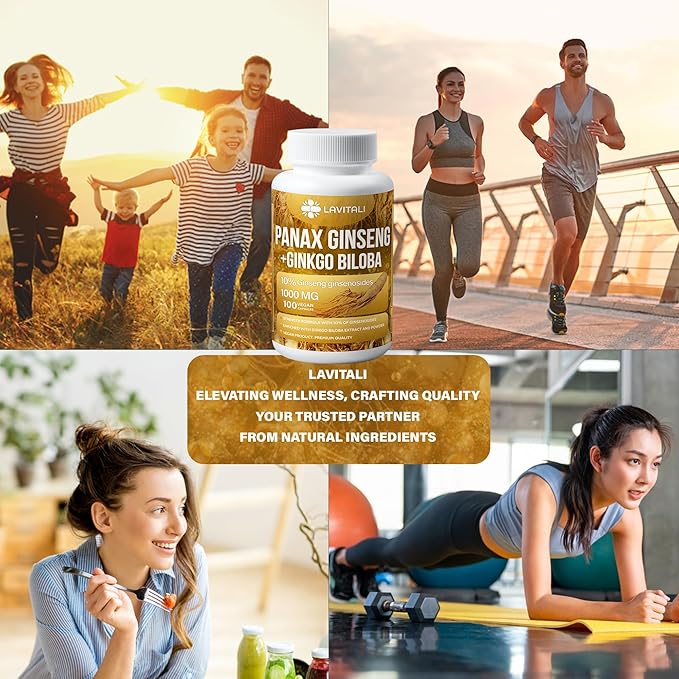 Ginseng & Ginkgo Biloba 100 Veggie Capsules, Energy Ginseng Root Extract Powder, with Ginkgo Biloba Extract, 100% Natural & Non-GMO, Vegan, Gluten Free, Dairy Free