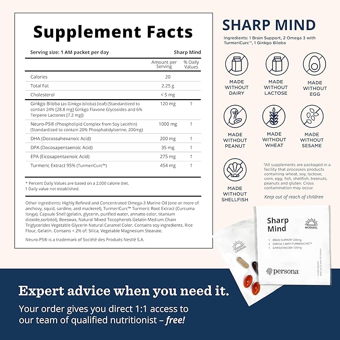 Persona Nutrition Sharp Mind Vitamin Pack for Mental Clarity & Focus (28 Pack) – Includes Ginkgo Biloba, Omega 3 with Turmeric & Brain Support Blend